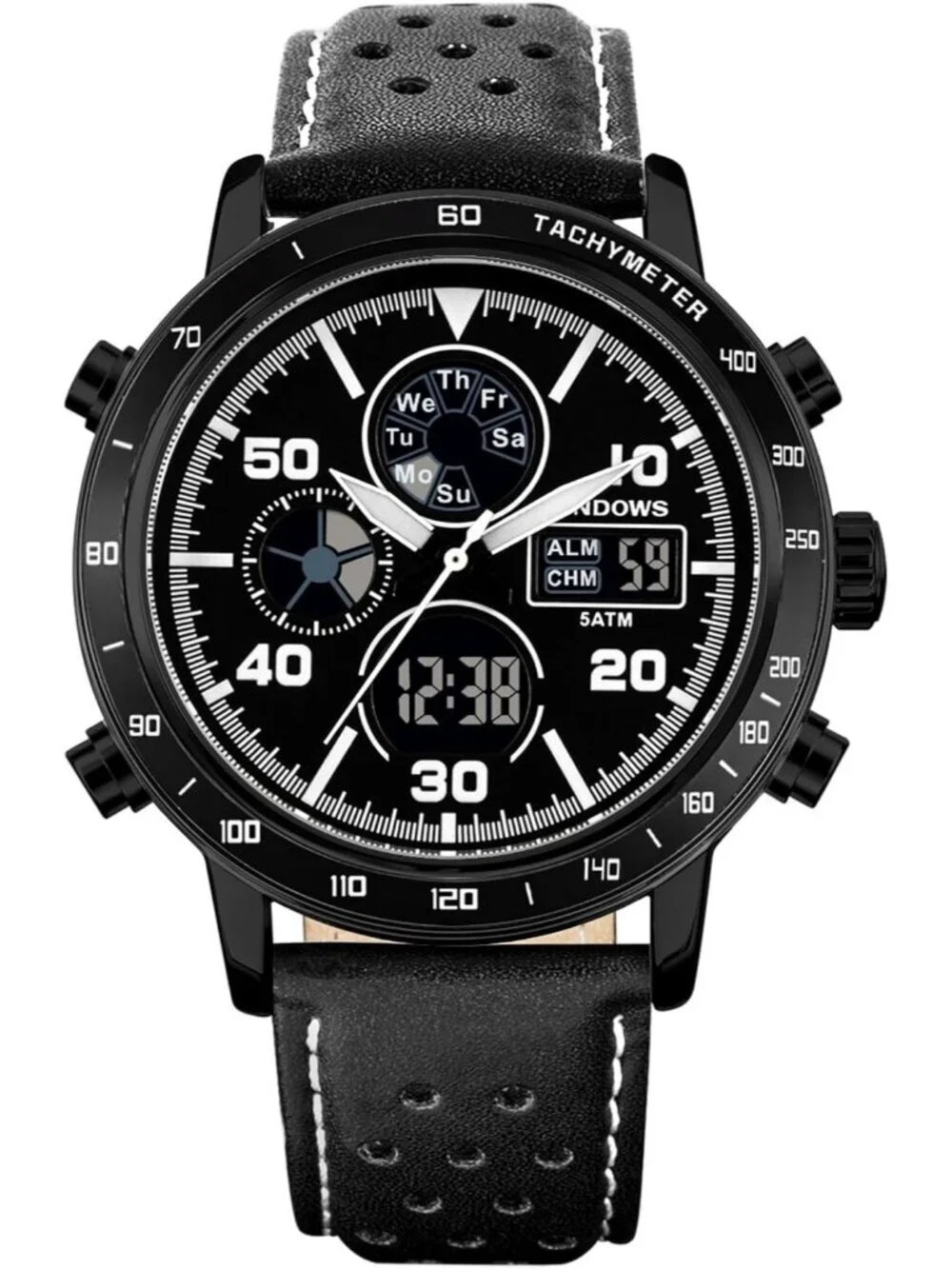 Men's Black Analog Leather Waterproof Military Multifunctional LED Digital Watch